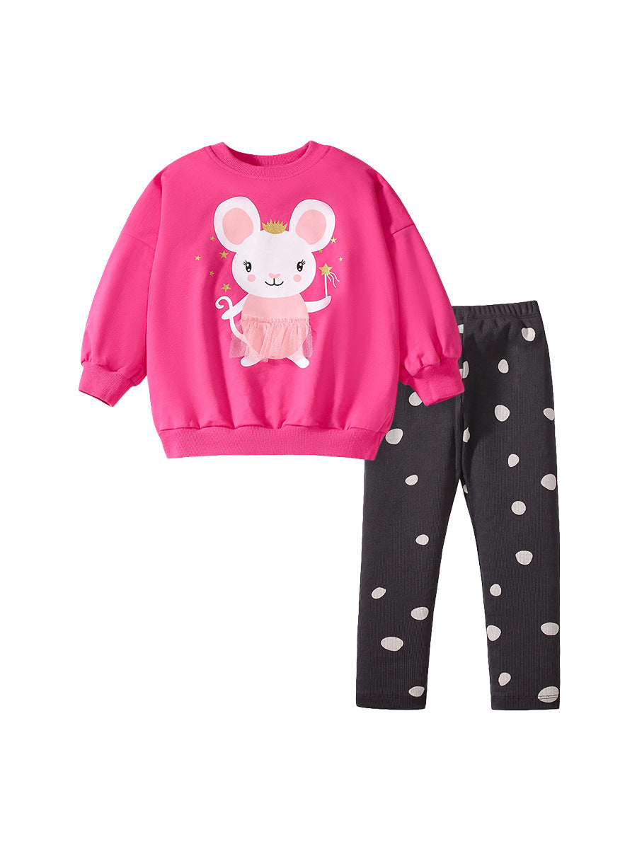 Spring And Autumn Girls Cartoon Princess Mouse Pattern Long Sleeves Crew Neck Top Sweatshirt And Polka Dots Pants Clothing Set