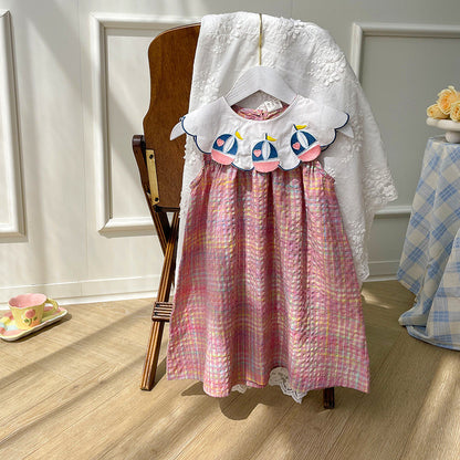 New Design Summer Baby Kids Girls Navy Style Sleeveless Plaid Dress