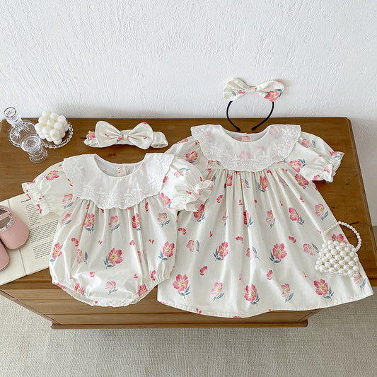 Summer Girls Flowers Pattern Short Sleeves Embroidery Collar Onesies And Dress – Sister Matching Clothing Set