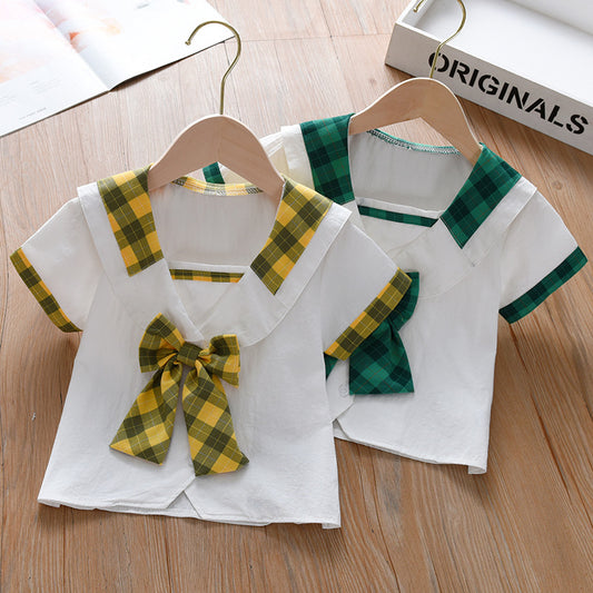 Nuevo diseño de verano para bebés y niñas, blusas preppy con cuello cuadrado y mangas cortas con estampado geométrico de rombos 