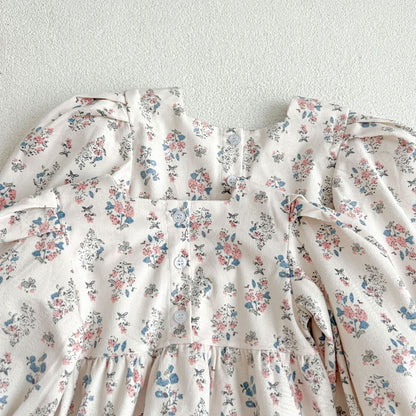 Mono y vestido de princesa dulce de manga larga con cuello cuadrado y estampado floral