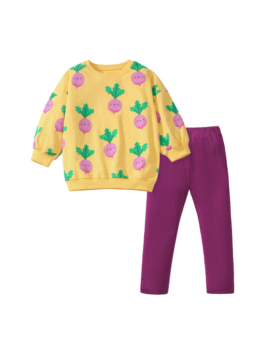 Spring And Autumn Girls Cute Turnip Cartoon Pattern Long Sleeves Top Sweatshirt And Pants Clothing Set