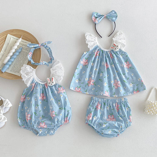 Conjunto de ropa y mono con tirantes de encaje sin mangas con estampado de flores para niñas de verano: conjunto de ropa a juego para hermanas 