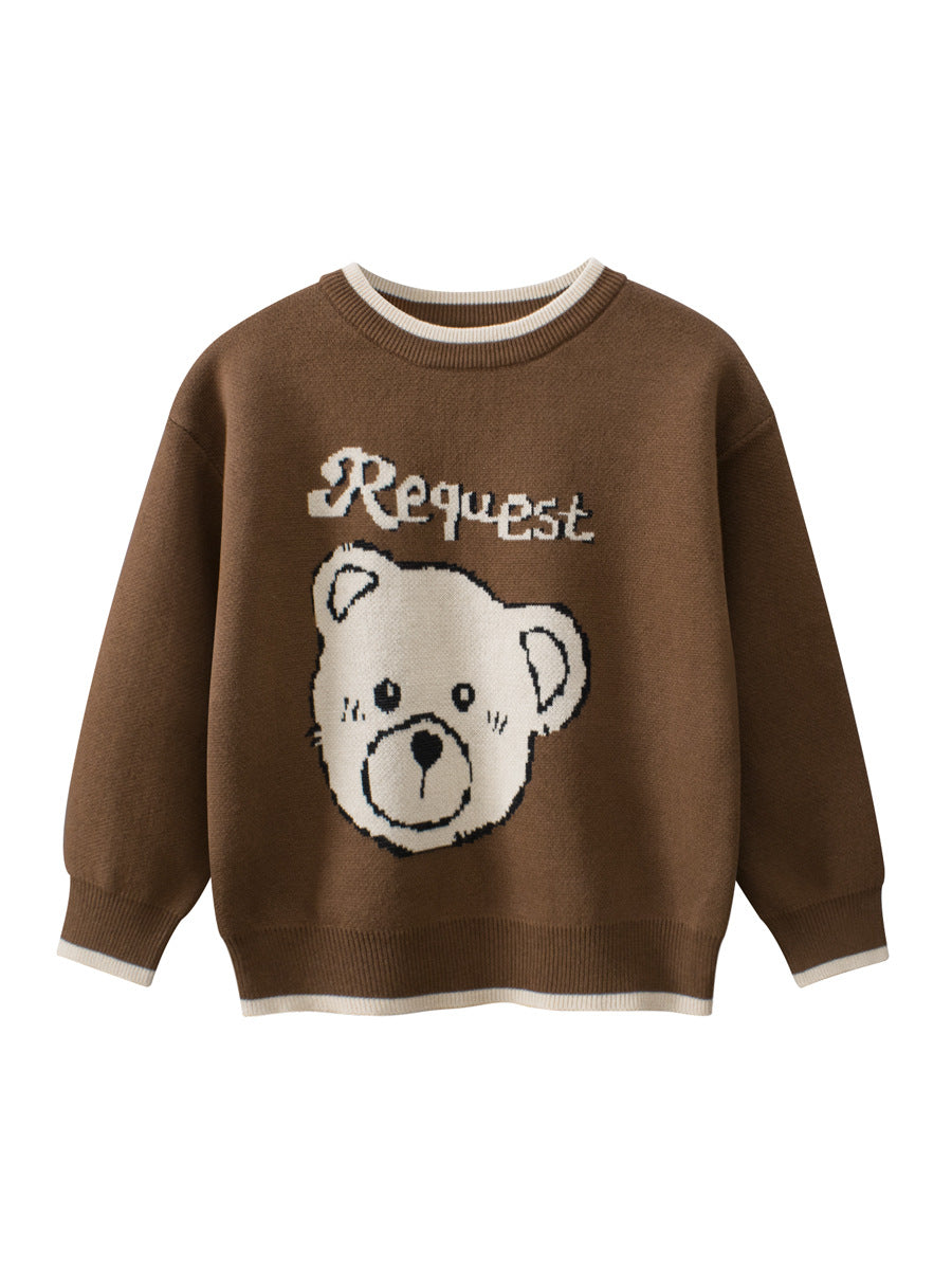 Autumn New Arrival Baby Girls Kids Cute Teddy Bear Pattern Crew Neck Long Sleeves Knitted Sweatshirt Pullover