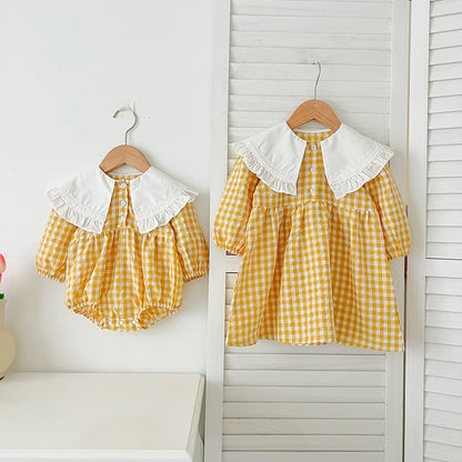 Conjunto de pijama y vestido de cuello francés a cuadros de manga larga para niñas y bebés de otoño – Conjunto a juego de princesa y hermana 