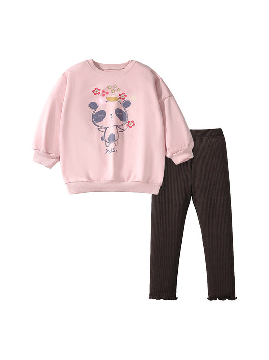 Spring And Autumn Girls Cartoon Panda And Flowers Long Sleeves Top Sweatshirt And Pants Clothing Set