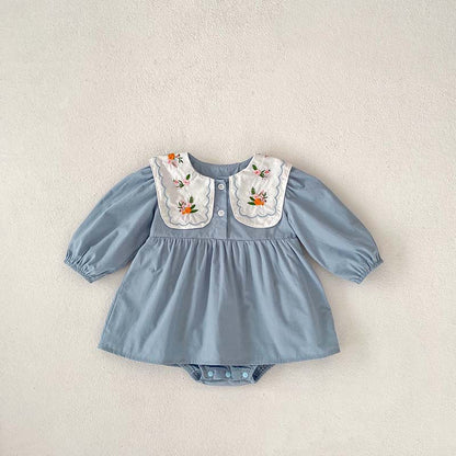 Autumn New Arrival Baby Girls Long Sleeves Flowers Embroidered Pattern Crew Neck Onesies Dress