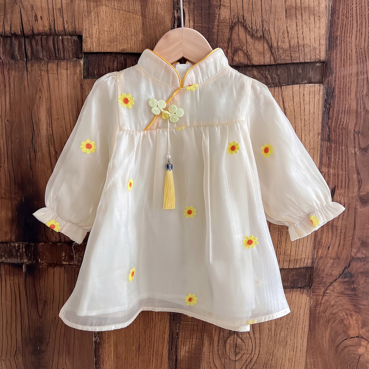 Arrival Autumn Girls Daisy Flowers Pattern Stand Collar Long Sleeves Tulle Patchwork Princess Dress