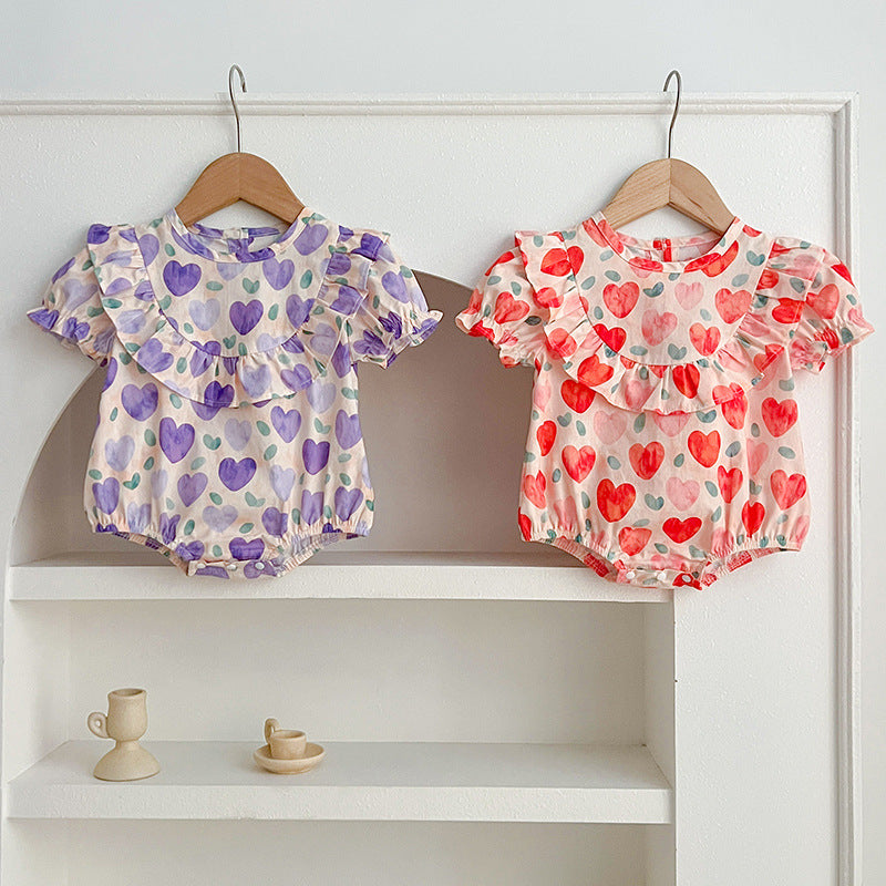 Summer Baby Kids Girls Heart Pattern Short Sleeves Crew Neck Onesies – Princess Sister Matching