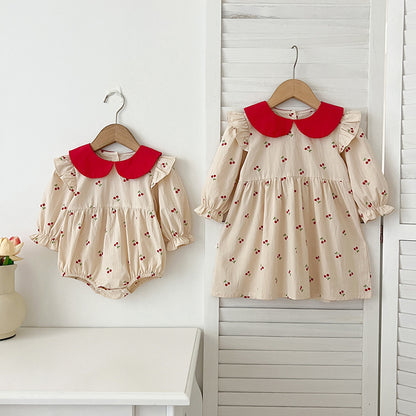 Recién llegado, mono y vestido con cuello Peter Pan y estampado de cerezas de manga larga para niñas y bebés de otoño: conjunto a juego de princesa y hermana 