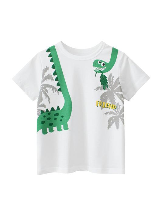 Camiseta para niño con estampado de letras y dinosaurios de dibujos animados en estilo europeo y americano