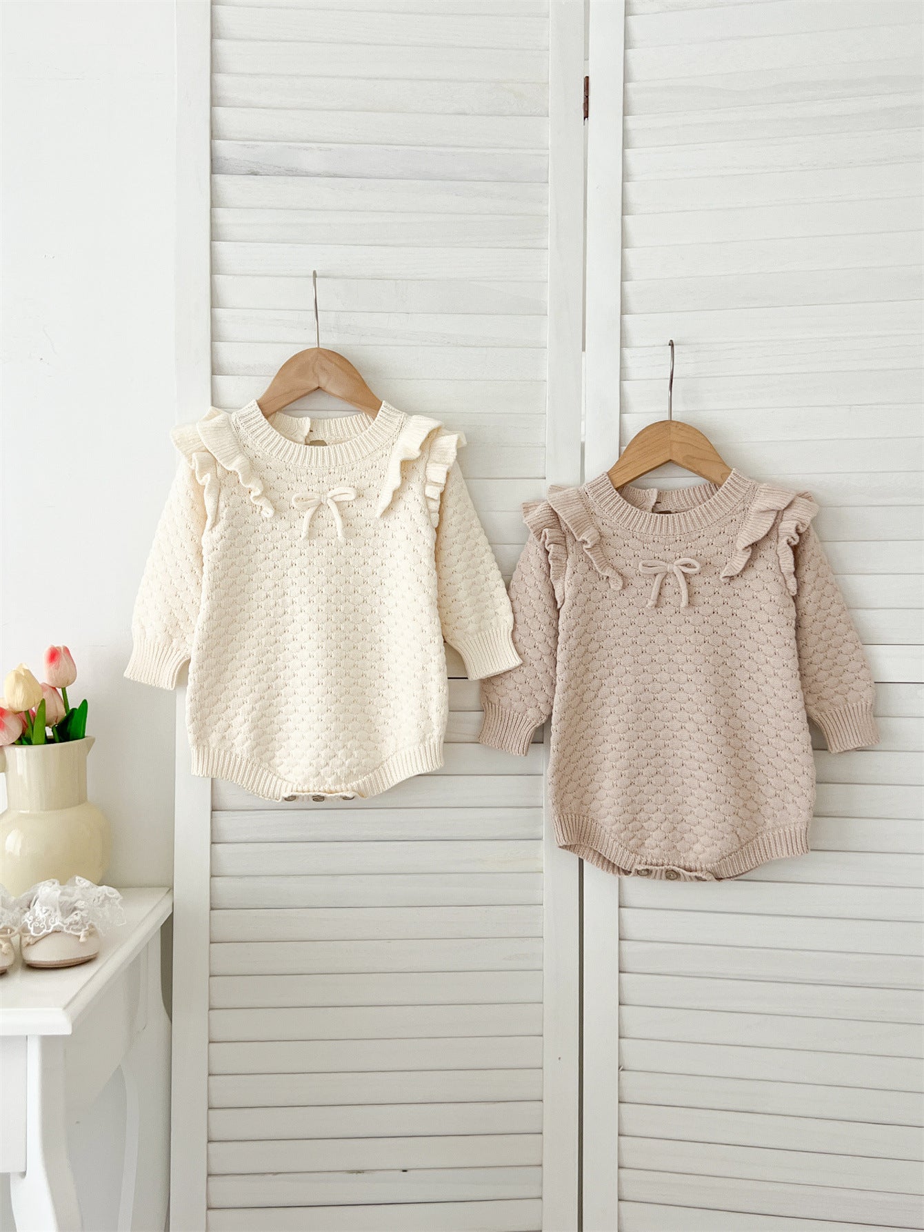 Autumn New Arrival Baby Girls Long Sleeves Geomatric Design Solid Color Crew Neck Knitted Onesies