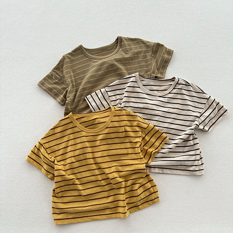 Summer New Arrival Kids Unisex Soft Comfortable Short Sleeves Striped Thin Top Casual T-Shirt
