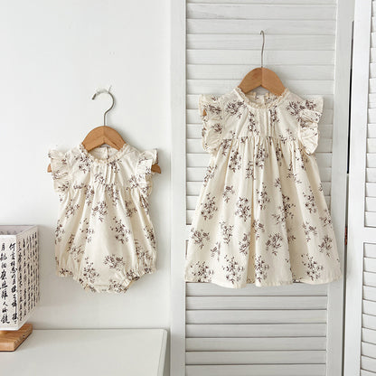 Conjunto de verano para niñas y bebés con estampado floral de enredaderas, sin mangas, cuello redondo y vestido para niñas: conjunto a juego de princesa y hermana 