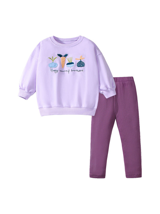 Spring and Autumn Girls Cartoon Turnip Brothers Pattern Long Sleeves Crew Neck Top Sweatshirt and Pants Clothing Set