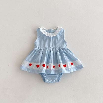 Best Selling Summer Baby Kids Girls Red Heart Pattern Sleeveless Ruffle Collar Onesies Dress