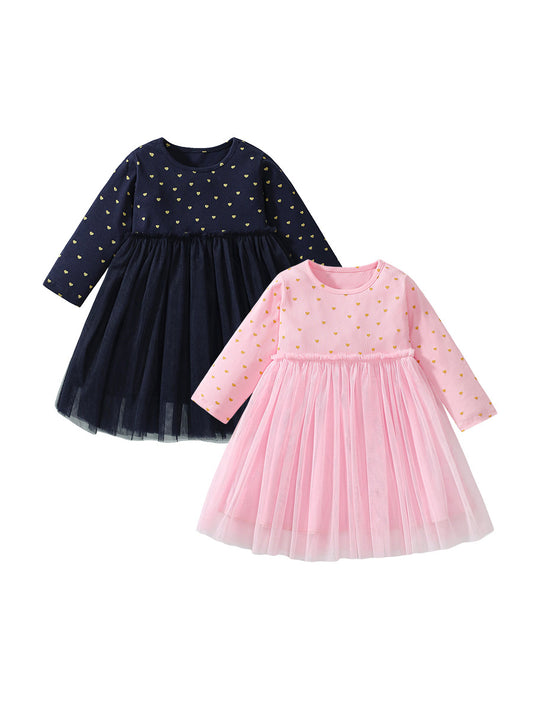 Design Autumn Girls Tiny Heart Print Crew Neck Long Sleeves Tulle Patchwork Dress