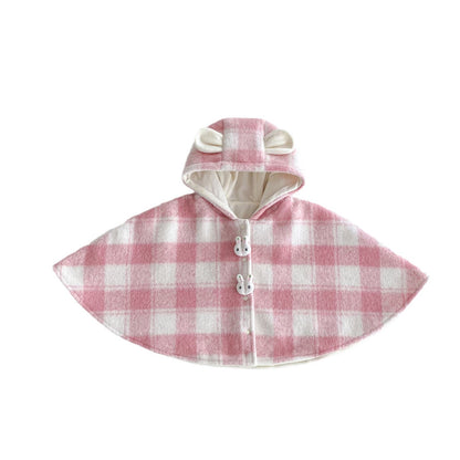 Autumn and Winter Baby Girl Pink and White Plaid Warm Cozy Fleece Cape Popular Shawl