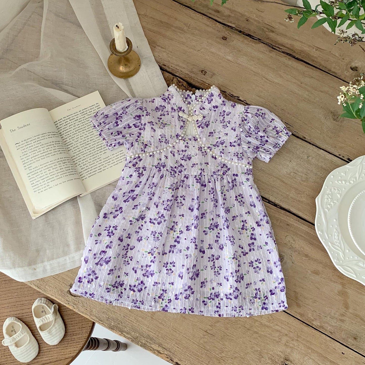 New Arrival Summer Girls Dense Floral Pattern Short Sleeves Beaded Design Dress