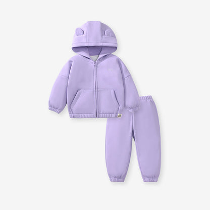 Girls Cozy Solid Color Rabbit Design Zip-Up Hoodie And Pants 2-Piece Set