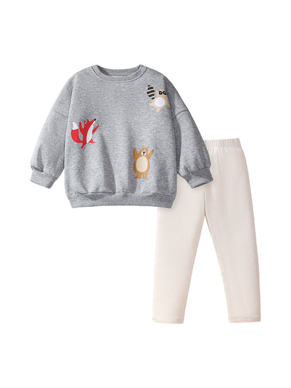 Spring and Autumn Girls Vivid Cartoon Animals Print Long Sleeves Crew Neck Top Sweatshirt and Solid Color Pants Clothing Set