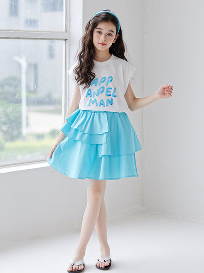 Summer Hot Selling Girls Letters Pattern Sleeveless T-Shirt And Solid Color Pleated Skirts Clothing Set