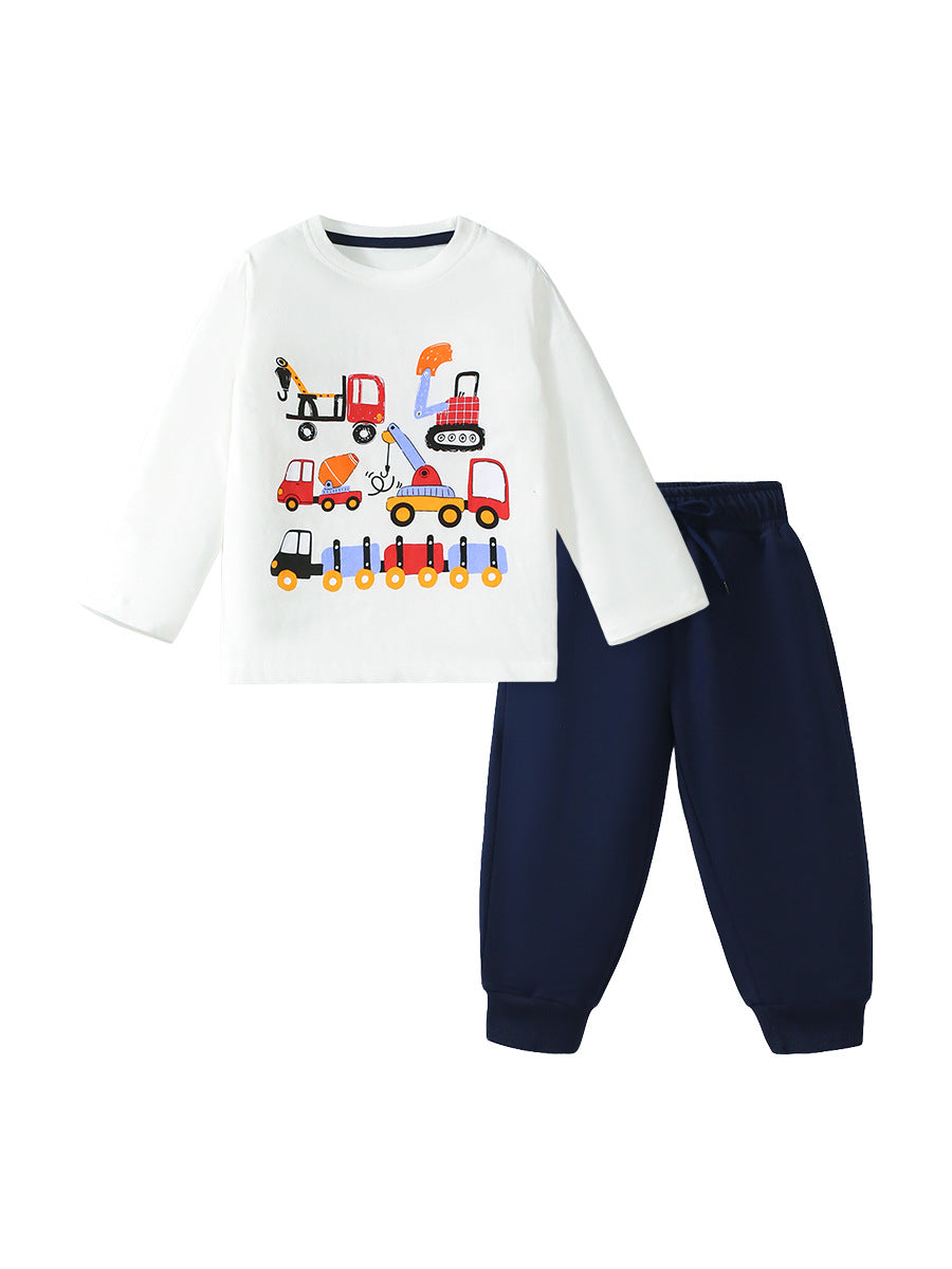 Conjunto de camiseta de manga larga y pantalones de color liso con estampado de vehículos de dibujos animados para niños de primavera y otoño 