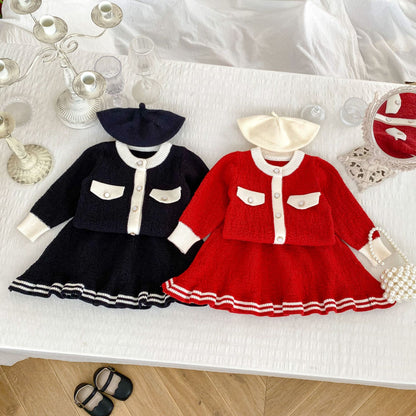 Arrival Autumn Baby Girls Long Sleeves Simple Color Patchwork Knitted Cardigan and Skirt – Clothing Set