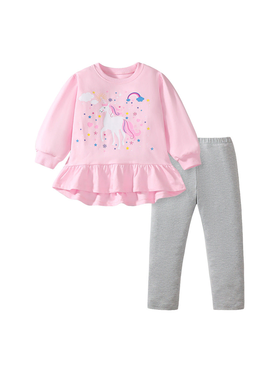 Spring And Autumn Girls Cute Cartoon Unicorn Pattern Long Sleeves Top Dress And Grey Pants Clothing Set