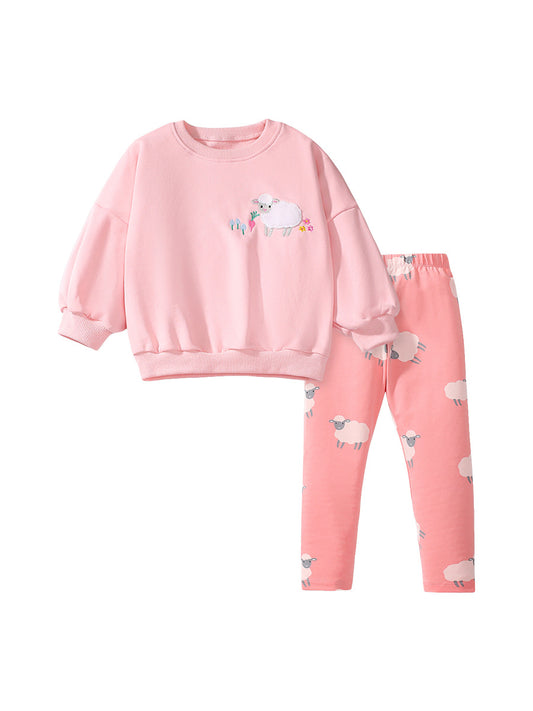 Spring And Autumn Girls Cute Sheep Cartoon Pattern Long Sleeves Top Sweatshirt And Pants Clothing Set