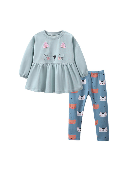 Spring And Autumn Girls Cartoon Cats Pattern Long Sleeves Crew Neck Top Dress And Pants Clothing Set