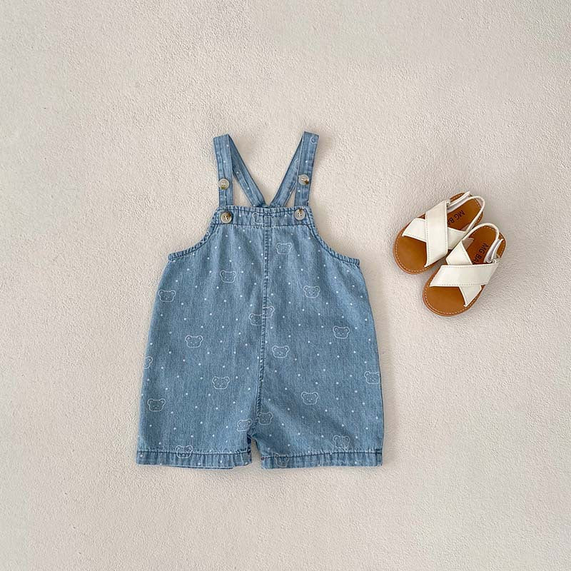 Summer Baby Kids Unisex Teddy Print White Dots Denim Overalls