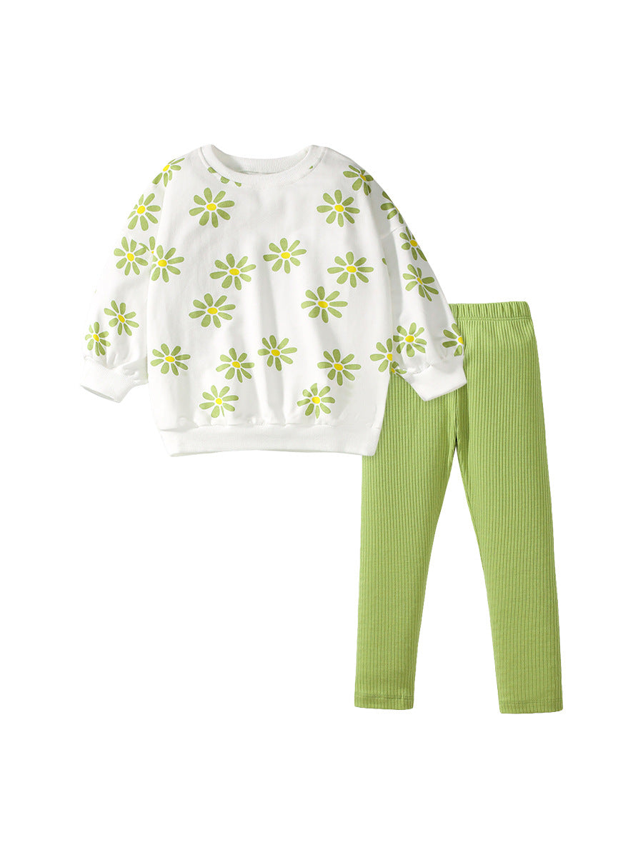 Spring And Autumn Girls Green Floral Print Long Sleeves Top Pullover And Pants Clothing Set