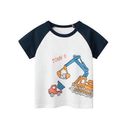 Boys’ Cartoon Excavator And Truck Print T-Shirt In European And American Style