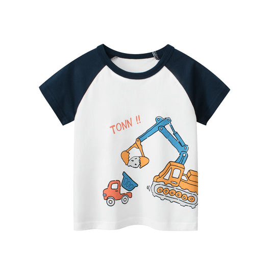 Camiseta con estampado de dibujos animados de excavadora y camión para niños en estilo europeo y americano 