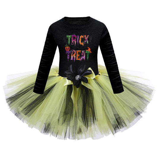 Arrival Girls’ Halloween Costume: Long Sleeves Cartoon Print Witches Cosplay Party Tulle Patchwork Dress