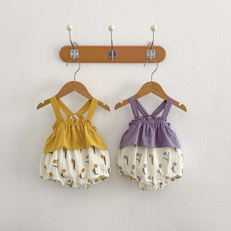 Summer New Arrival Baby Girls Sleeveless Flowers Pattern Color Patchwork Strap Onesie