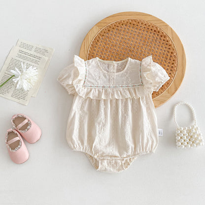 Summer Hot Selling Baby Girls Short Sleeves Crew Neck Embroidery Pattern Solid Color Onesie