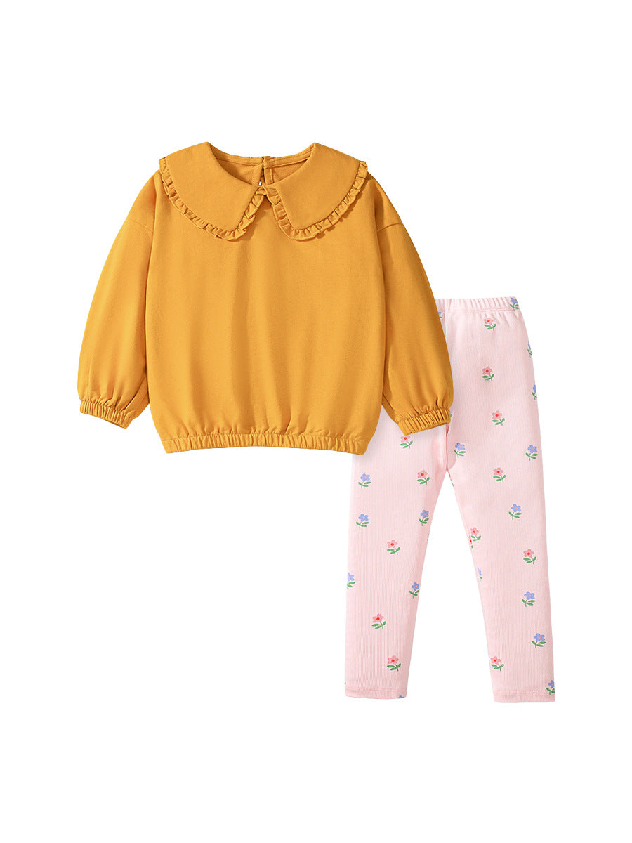 Spring And Autumn Girls Simple Solid Color Long Sleeves Preppy Collar Top Sweatshirt And Floral Pants Clothing Set