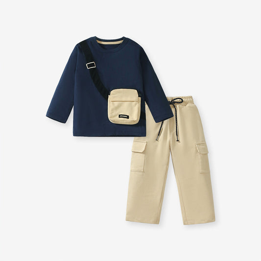 Spring And Autumn Boys Sling Bag Pattern Color Patchwork Long Sleeves Top Sweatshirt And Solid Color Pocketed Pants Clothing Set