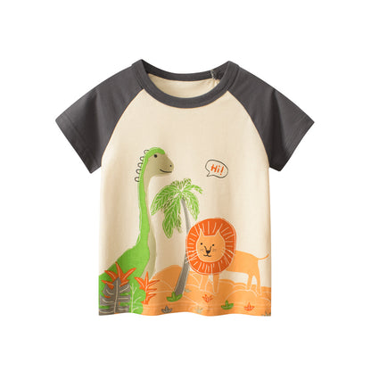 Camiseta con estampado de dibujos animados de dinosaurios y leones para niños en estilo europeo y americano 