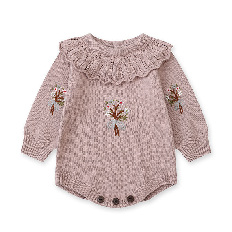 Autumn New Design Baby Girls Flowers Embroidery Pattern Long Sleeves Ruffle Collar Knitted Onesies