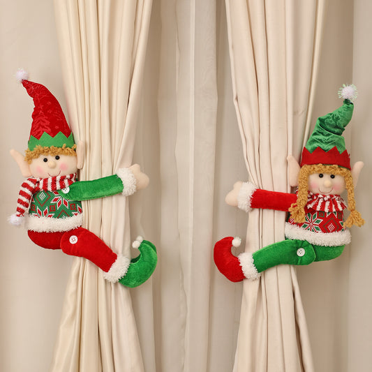 Red and Green Elf Doll Window Curtain Decoration for Christmas Party Play