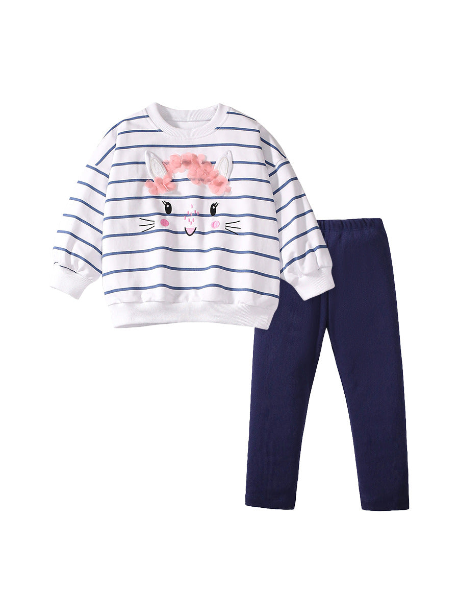 Spring And Autumn Girls Cartoon Rabbit And Striped Pattern Long Sleeves Crew Neck Top Sweatshirt And Pants Clothing Set