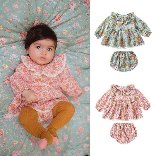 Conjunto de ropa de primavera para bebés y niñas con top y pantalones cortos con cuello con volantes florales 