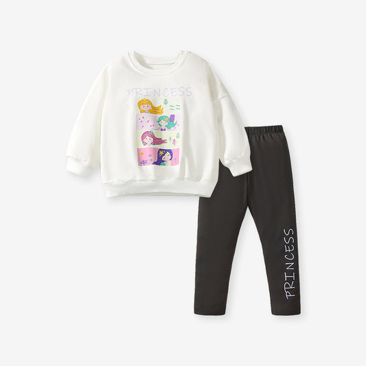 Spring And Autumn Girls Cute Cartoon Princess Print Long Sleeves Top Sweatshirt And Pants Clothing Set