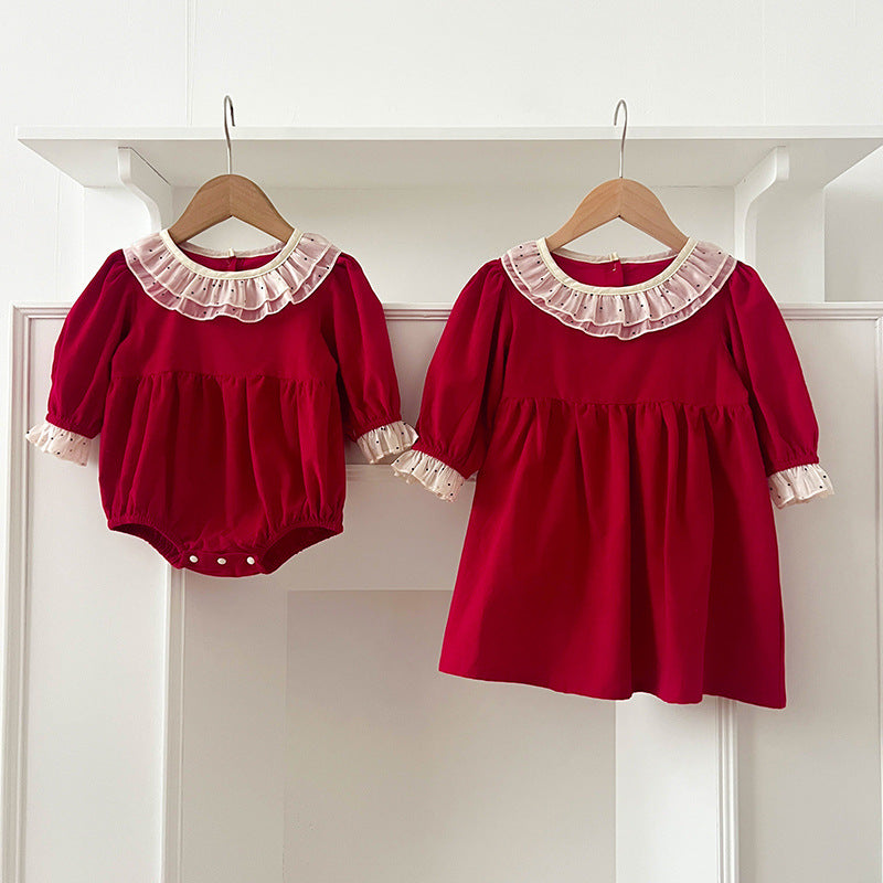 Conjunto de pijama y vestido de manga larga con cuello y estampado de lunares para niñas y bebés de otoño – Conjunto a juego de princesa y hermana 