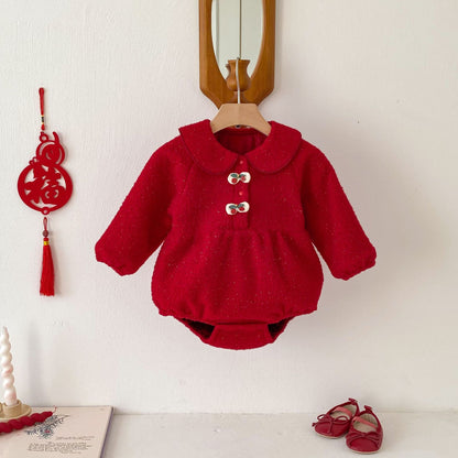 Winter Arrival Baby Girls Cute Cherry Attached Red Long Sleeves Onesies