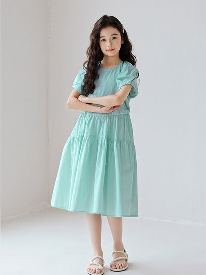 Hot Selling Summer Kids Girls Simple Style Solid Color Plain Cotton Short Sleeves Green Dress