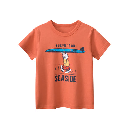 Boys’ Cartoon Seaside Cat And Letters Print T-Shirt In European And American Style